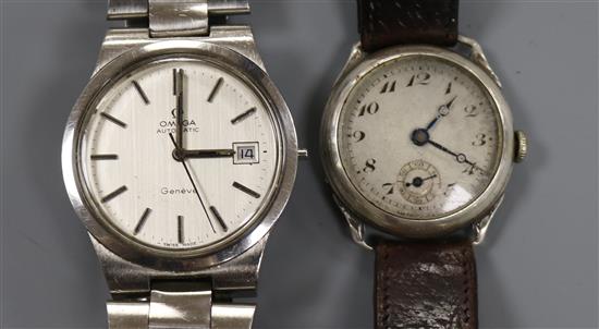 A gentlemans stainless steel Omega automatic wrist watch and an early 20th century silver wrist watch.